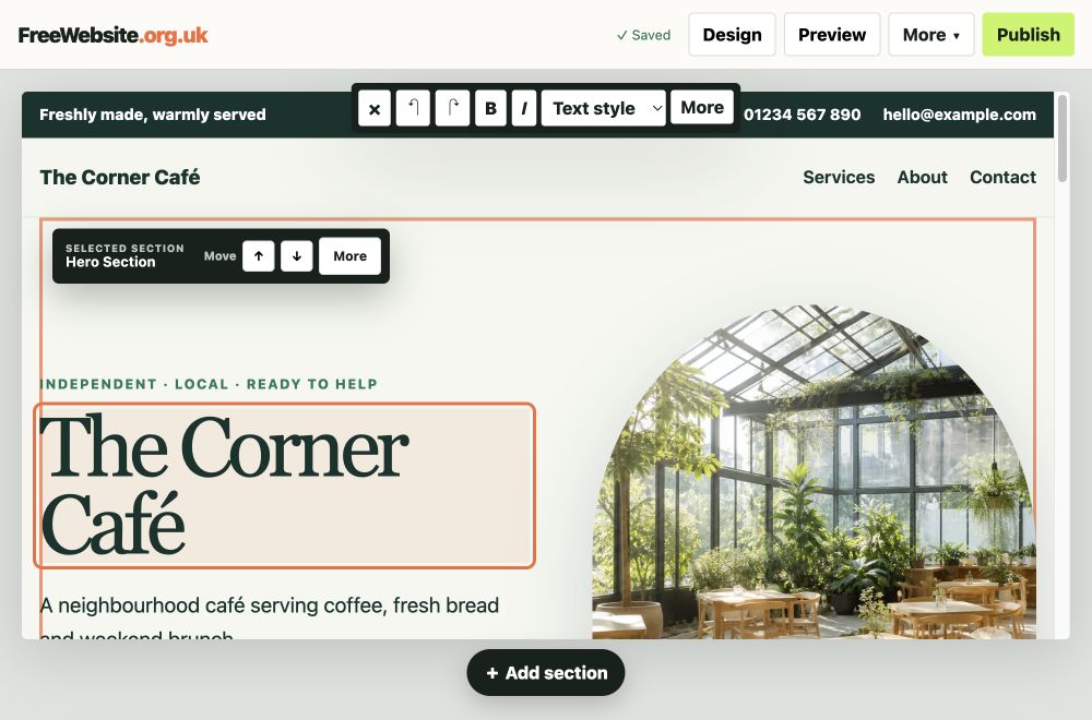 The FreeWebsite visual editor with a café heading selected, text formatting tools and section controls visible