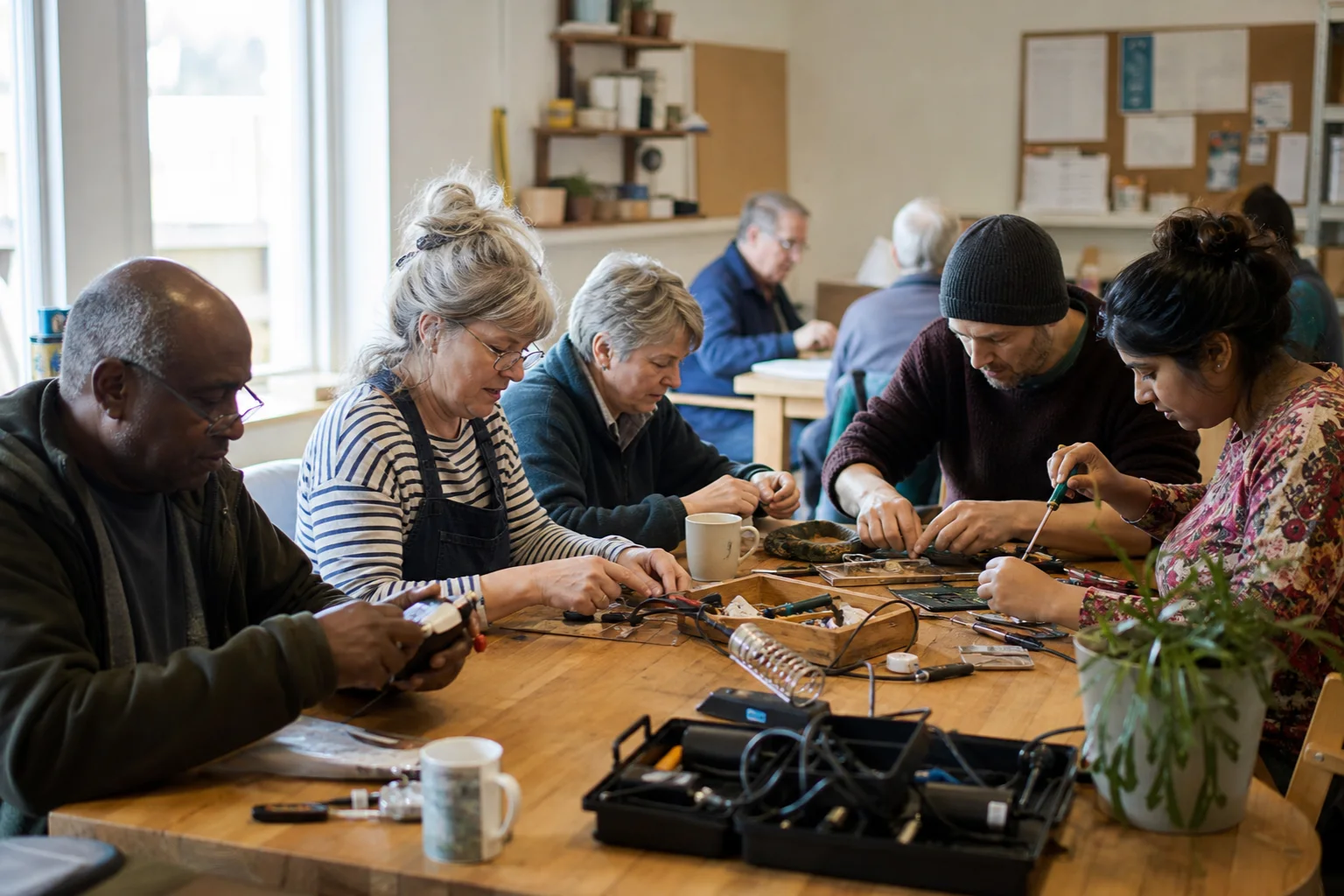 Volunteers and participants working together at a community skills workshop