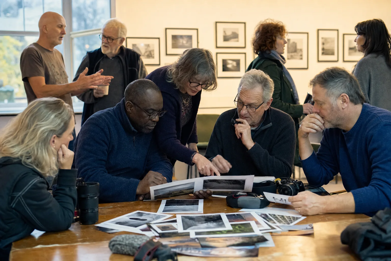 Members of a local photography club reviewing prints together