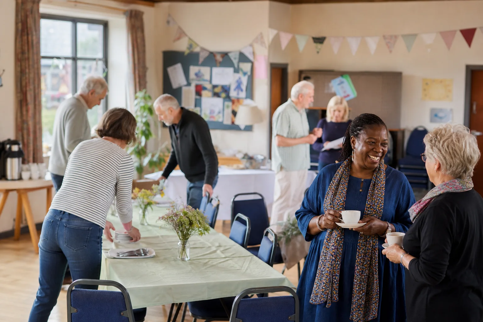 Neighbours preparing activities together in a welcoming community hall
