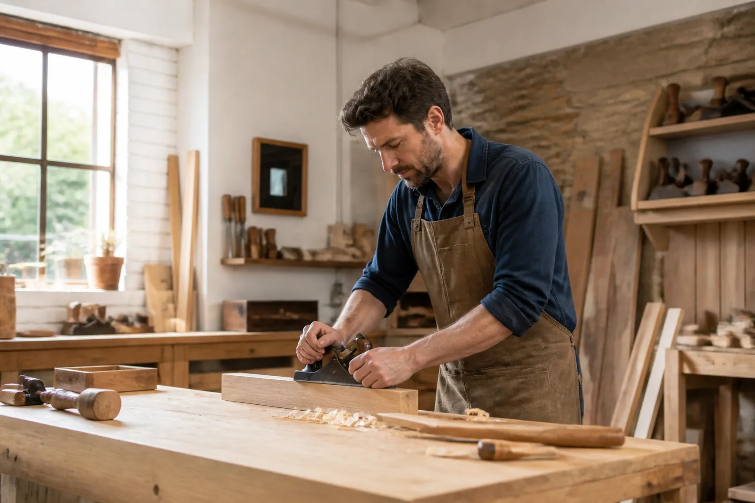Independent local carpenter working carefully in a professional workshop
