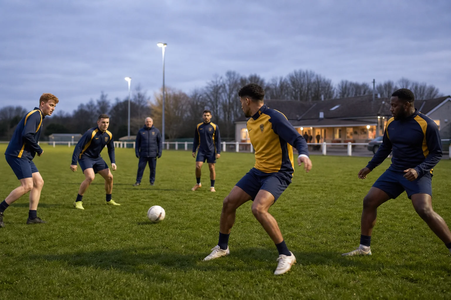 Adult grassroots football team training on a local community pitch